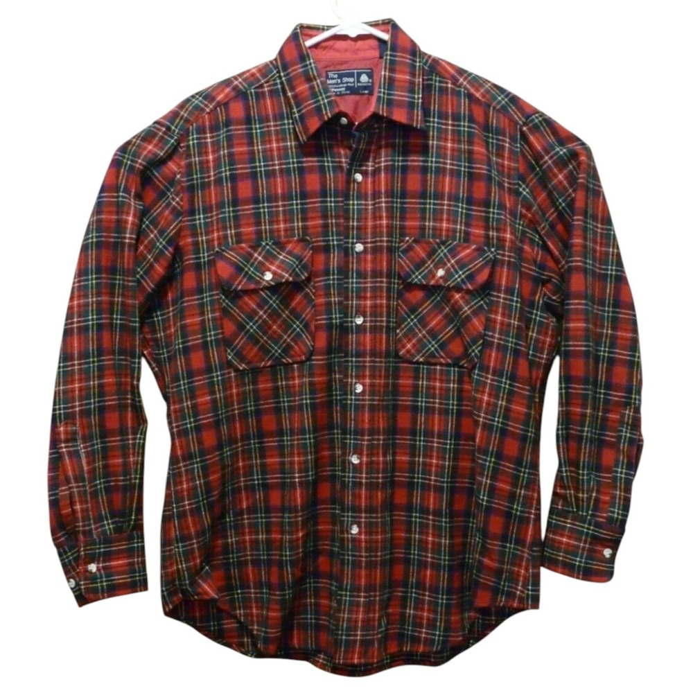 VTG JCPenney Wool Flannel Shirt Mens Large Red Plaid Virgin Wool Heritage FLAWS